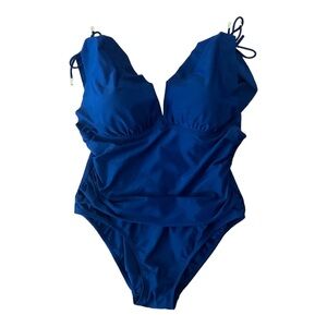 Shore Shapes Swimwear One Piece Swimsuit Sz 16 Navy Blue Ruched Straps Summer T…